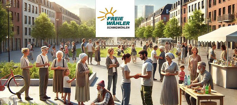 Das Bild zeigt mehrere Menschen auf einem Marktplatz. Mittig oben ist das Logo der Freien 
