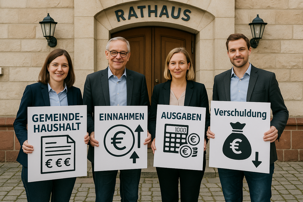 Das Bild ist mit KI erstellt, es stellt im Hintergrund ein Rathaus da und im Vordergrund Personen die Gemeinderäte darstellen sollen. Diese halten Tafeln mit verschiedenen Finanz Begriffen, die in der Kommunalen Finanzverwaltung Anwendung finden.  